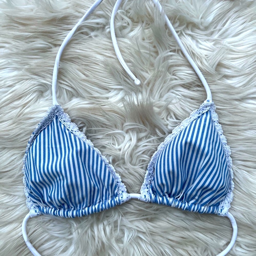 Blue White Striped Eyelet Lace Triangle Bikini Top NWOT